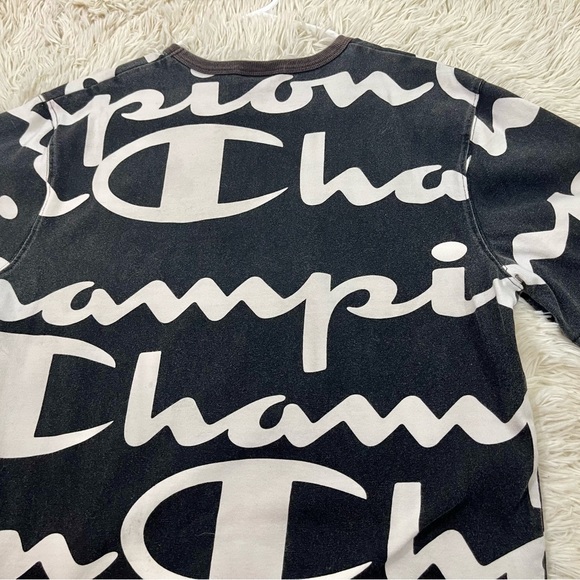 Size L Vintage Champion T-Shirt Vintage 90s All Over Print‎ Black Distressed Y2K - Picture 12 of 15
